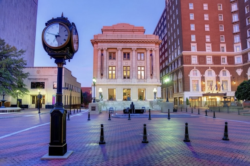Downtown Greenville SC skyline with Falls Park bridge